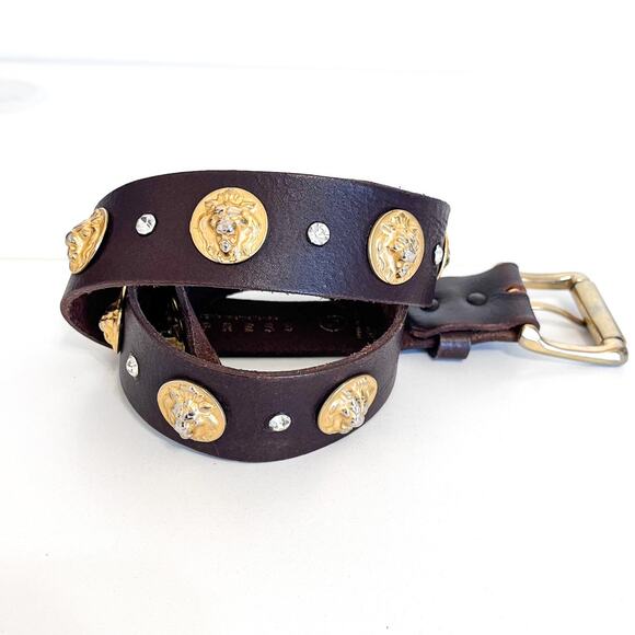 VTG Y2K Express Lion Head Studded Women Belt Small Brown Gold Leather Italy